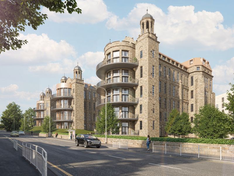 Street view of The Nightingale Collection showing two adjoining historic stone buildings with rounded balconies and decorative towers. The architecture blends traditional stonework with modern design elements.