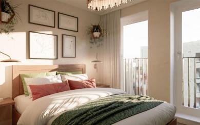 Beautiful and well-styled bedroom with lots of open light from the two windows