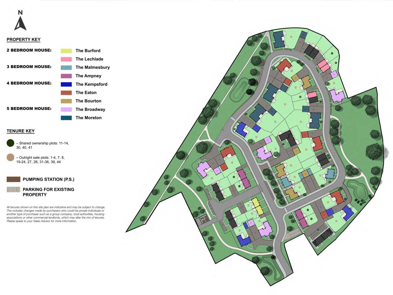 Ampney Meadows site plan showing curved roads, landscaped areas, and color-coded plots for different house types and tenure.