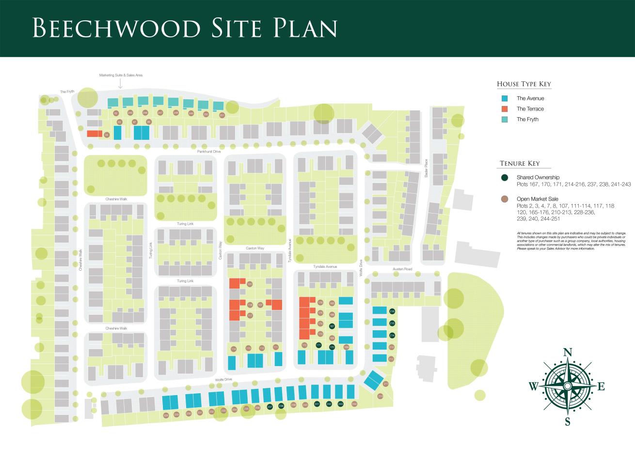 Beechwood site plan with grid-style layout, green spaces, and color-coded plots for house types and tenure options.