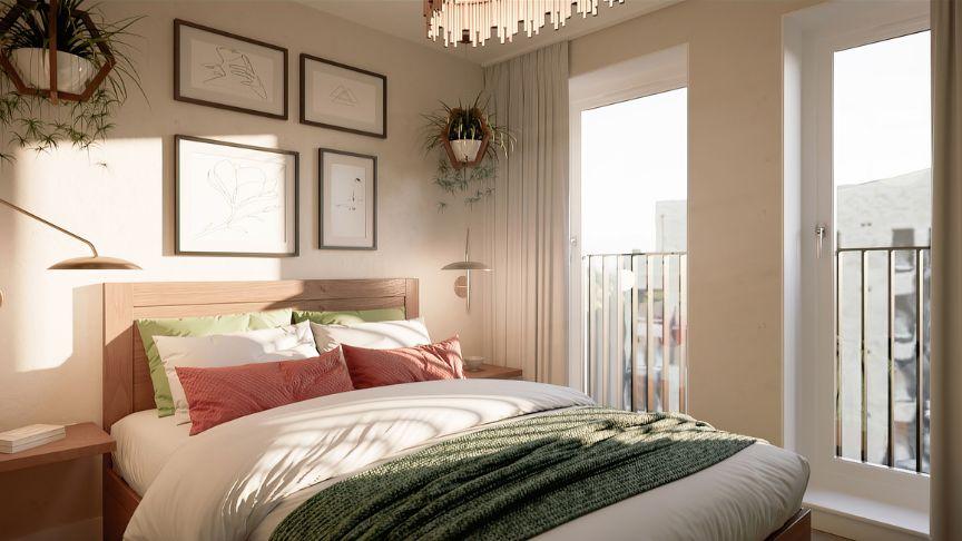 Beautiful and well-styled bedroom with lots of open light from the two windows