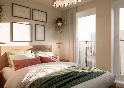 Beautiful and well-styled bedroom with lots of open light from the two windows